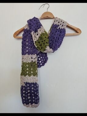 Handmade Crochet Scarf in Purple, Olive & Cream